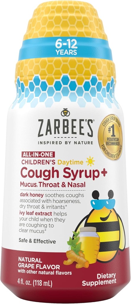 Zarbees Kindertag All-in-One Honey Cough Syrup + Mucus, Throat & Nasal für Kinder 6-12 + Dark Honey, Ivy Leaf Extract, Zink Turmeric Root, & B-Vitamins, Drug-Free, Grape, 4 fl oz