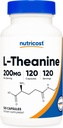 Nutricost L- Theanine 200mg, 120 kapsulas, dubultā stipruma - bez GMO, bez lipekļa