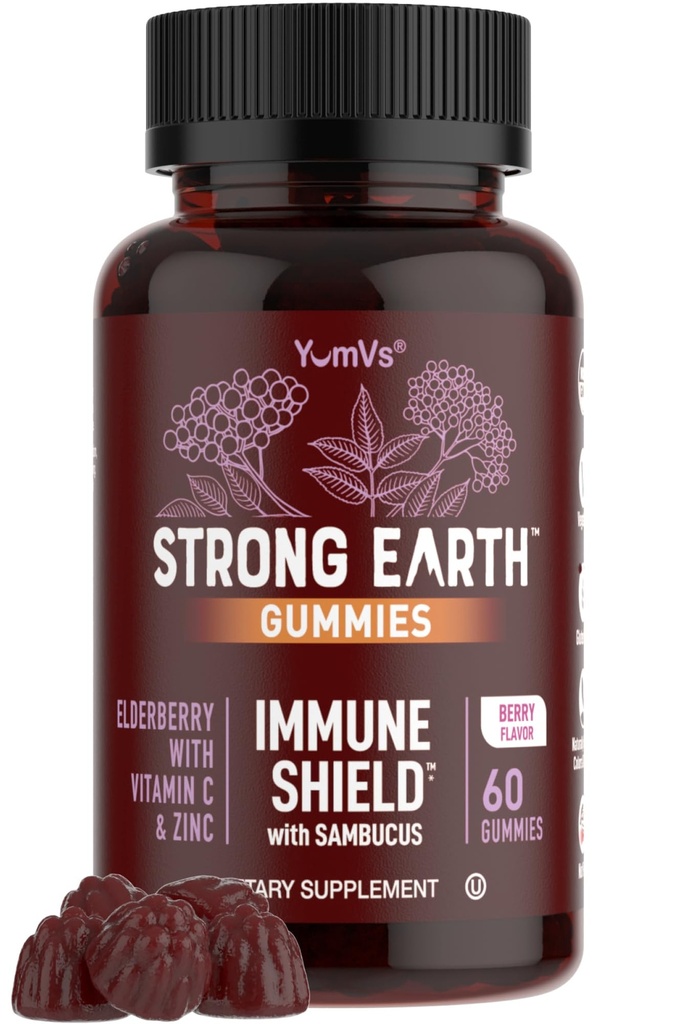 Strong Earth Elderberry Gummies – Sambucus Elderberry Immune Support with Vitamin C & Zinc – Black Elderberry Gummies, Berry Flavor, Non-GMO, Gluten Free, Kosher – 60 Count