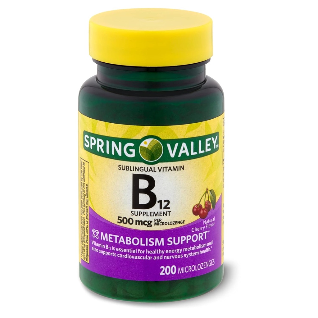 Jarné údolie: Sublingválne bodky Vitamín B-12, 500 μg (200 Cherry Microlozenges)