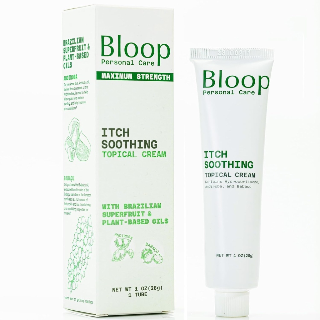 Bloop Anorectal Itch Soothing Cream with Hydrocortisone, Andiroba/Babacu Oils TEN Max. Fuerza para el alivio rápido de Itch &amp; Cooling (1oz)