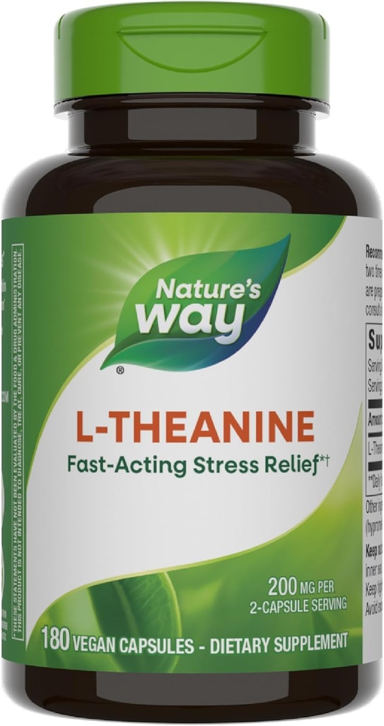 Nature's Way L-Theanine, Stress Support*, Relaxation*, 2캡슐 서빙 당 200mg, 채식, 180 캡슐
