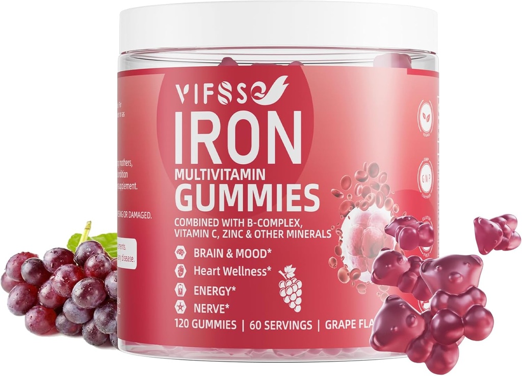Pastilhas de ferro sem açúcar, 120 Gummies Suplemento de ferro para mulheres Multivitamin com ferro, Vitaminas e zinco para mulheres, Homens & Crianças- Sabor de uva, Vegan Suplemento, Folato de energia - Não após o gosto