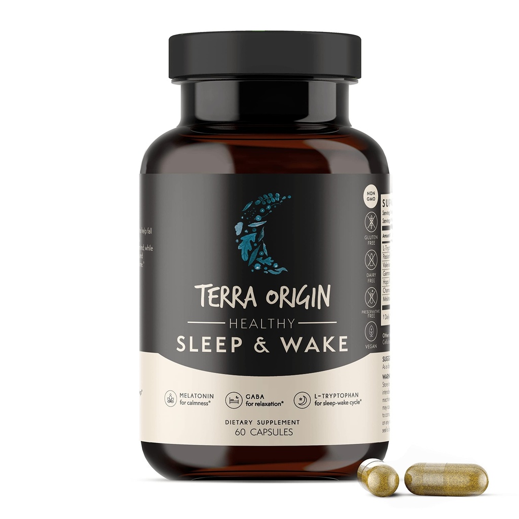 TERRA ORIGIN Healthy Sleep & Wake | Natural Sleep Aid Supplement for Adults | Restful and Awake Refreshed | GABA, L-Tryptophan, Melatonin, Chamomile, Valerian, PassionFlower | 60 Capsules