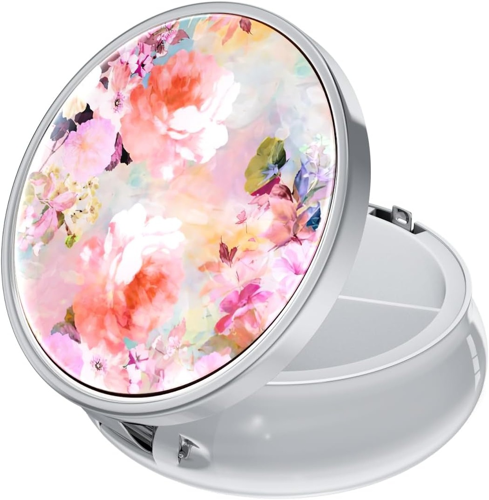 Rouidr Pill Box, 3 Compartiment Medicine Pill Case, Small Metal Travel Medicine Box voor Purse & Pocket, Zilver, Aquarelbloem