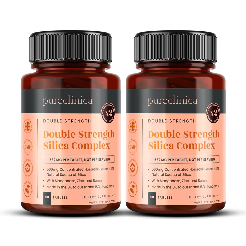 pureclinica Double Strength Silica Complex – 500mg Horsetail Extract (4:1) per Tablet – 180 Tablets (2 Bottles) – 6 Month Supply – with Zinc, Manganese & Boron
