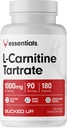 Gebogen L-Carnitine Tartraat 1000mg, Essentials (90 porties, 180 capsules)