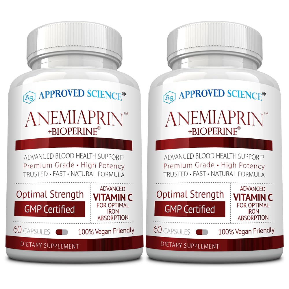 Approved Science Anemiaprin - Iron Bisglycinate with Vitamin C - Gentle On Stomach - Non Constipating Iron Supplement for Women and Men - Blood Support - with Folate and B12-2 Months - Vegan