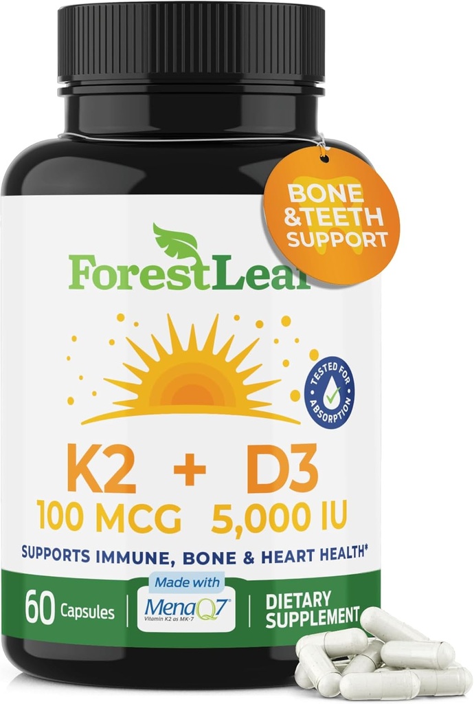 ForestLeaf Vitamín D3 + K2 (MK7) Doplnok - MenaQ7 - Vápnik a vitamín D3 5000 IU Maximálna absorpcia - Zuby a kostná sila, zdravie srdca, imunitný systém Podpora - 60 Veggie Kapsule