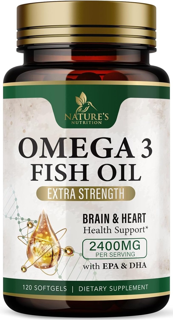 Omega 3 Suplimente de ulei de pește 2400 mg - Triple Putere Omega3 - EPA & DHA cu acizi grași esențiali - Imun natural, Brain & Heart Health Support - Burpless, Lemon Flavor, Wild Caught - 120 Softgels