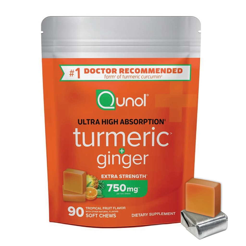 Qunol Turmeric and Ginger Soft Chews, 750mg Turmeric Supplement, Ultra High Absorption to Support Joint Health, 90 Count