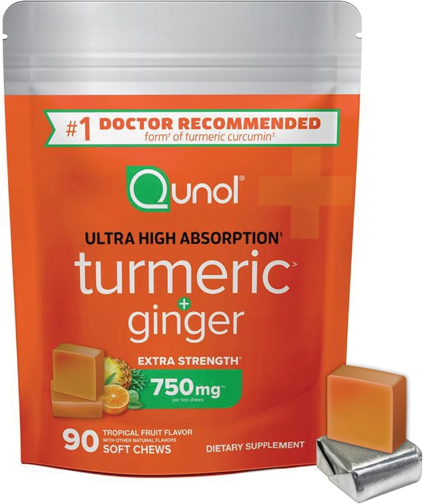 Qunol Turmeric ir imbieras Minkšti Chews, 750mg Turmeric Addition, Ultra High Absorption to Support Joint Health, 90 Count