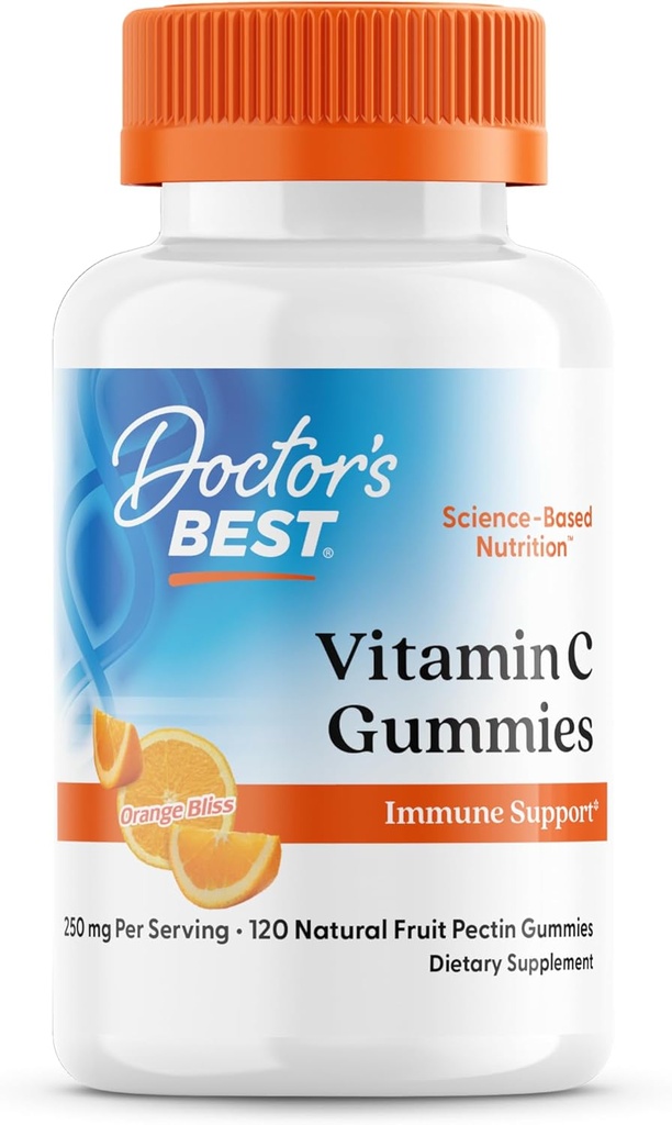 Doctor 's Best, Vitamin C Gummies 250mg per Serving Great Tasting Ammune Brain Eyes Heart Circulation Antioksidant Dukungan Natural Pectin Vegan Gluten Free CT, Fruit, 120 Count