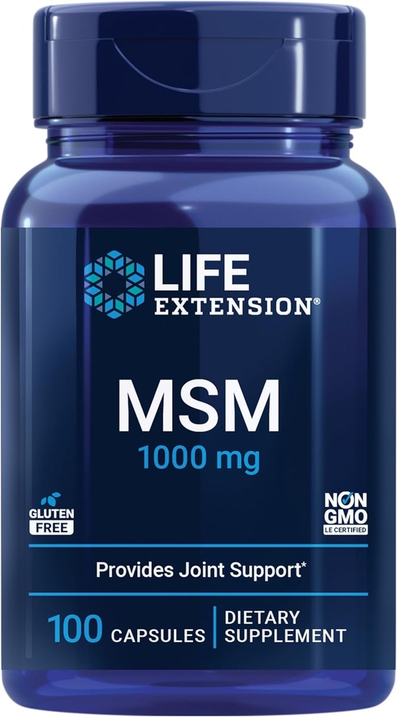 Extensão de vida MSM, 1000 mg, metilsulfonilmetano, Suporta articulações saudáveis, suporte antioxidante, sem glúten, não-GMO, 100 cápsulas