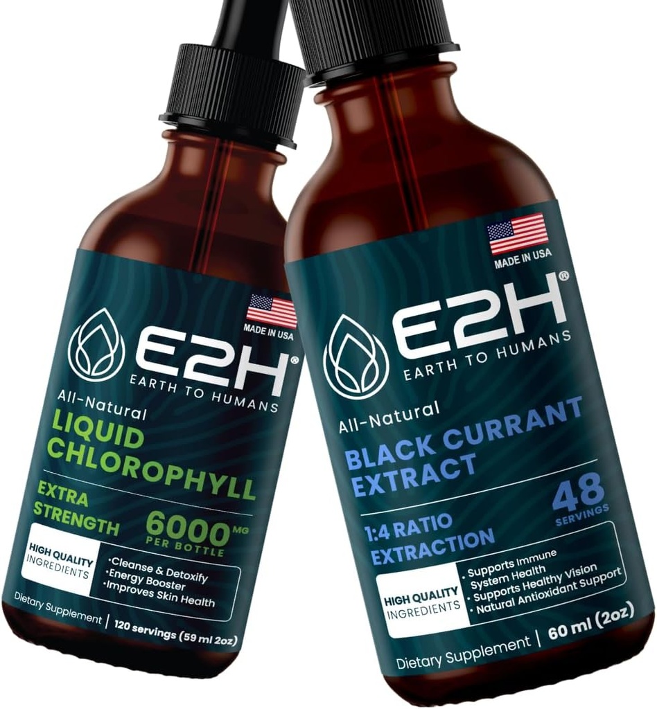 E2H: Liquid Chlorophyll och Natural Black Currant Extract | Vegan, Non-GMO - 2 Fl Oz Varje (4 Fl Oz Total) - Bundle