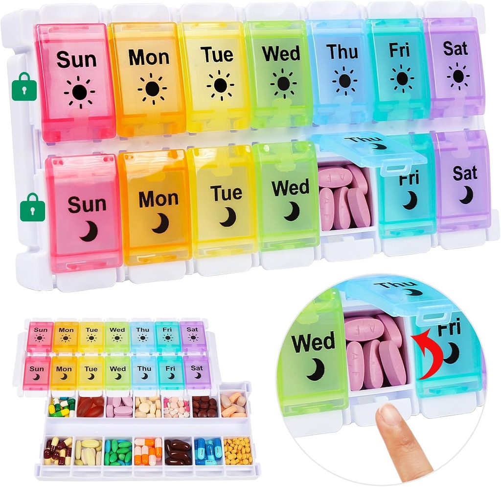 Shintop Am Pm Pill Organizer 7 Day, Push Button Weekly Pill Box 2 keer een dag Gemakkelijk vullen Pill Holder Dag Nacht Vitamine Case voor Medicijnen Visolie Supplementen (Rainbow)