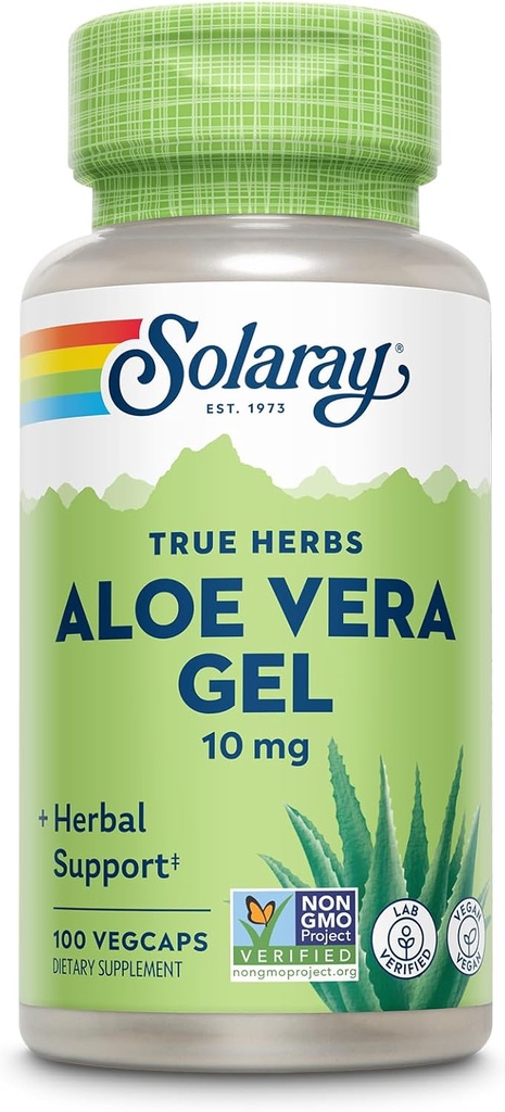 SOLARAY Aloe Vera Gel concentrado 200X - Equivalente a 2000mg Gel fresco, Aloe Vera Cápsulas com gengibre, hortelã e salsa, Suporte de bem-estar ervas, Vegan, Não-GMO, 60-Dia Garantia, 100 Servings