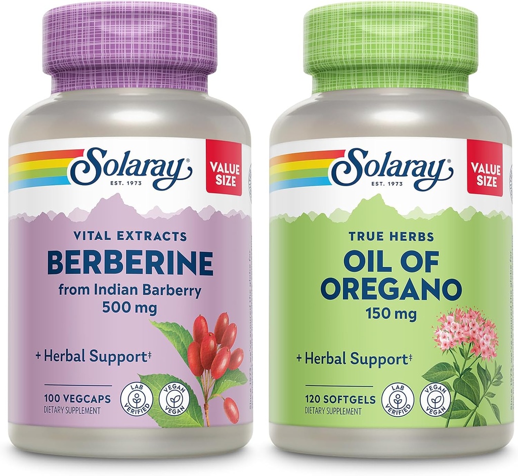 SOLARAY Berberine og olie af Oregano Bundle - Berberine HCl fra indiske bær Plus Oregano Oil supplement til kraftfuld wellness support - 100 VegCaps / 120 Softgels