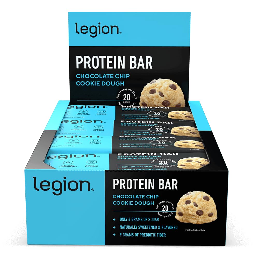 Legion Chocolate Chip Cookie Dough Protein Bar - 100% Whey Protein Bars Low Sugar High Protein with Prebiotic Fiber - Soy-Free, Gluten Free, Naturally Flavored, Low Fat, High Protein Bars (12 Count)