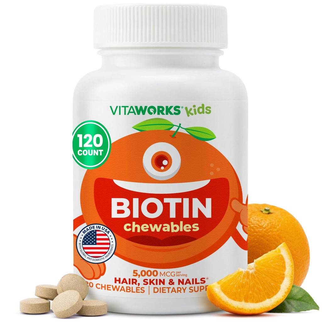 Kids Biotin 5000mcg Chewable Tablets | Tasty Biotin Supplement | Vegan, Non GMO | Hair Growth, Skin and Nail Heath | Hair Vitamins for Kids | 120 Chewables