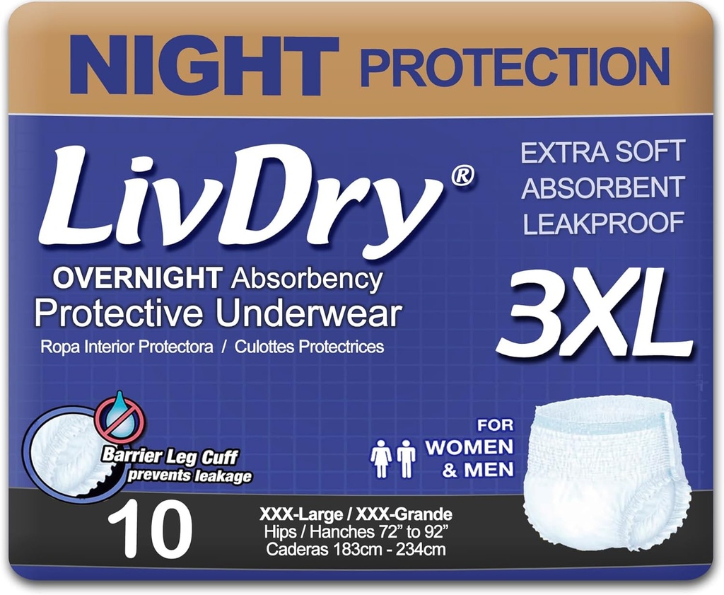 LivDry Adult Incontinence Underwear, Overnight Comfort Absorbency, Leak Protection (XXX-Large (10 count)