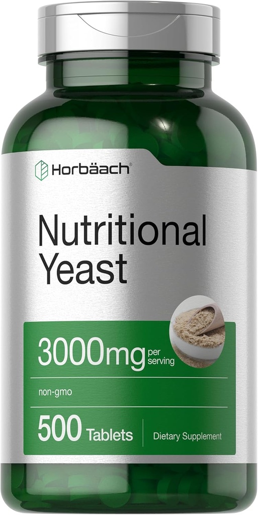 Horbaach Nutritional Yeast Tablets 3000mg | 500 Count | con B12, B1, B2, e Niacin | Non-OGM & Gluten