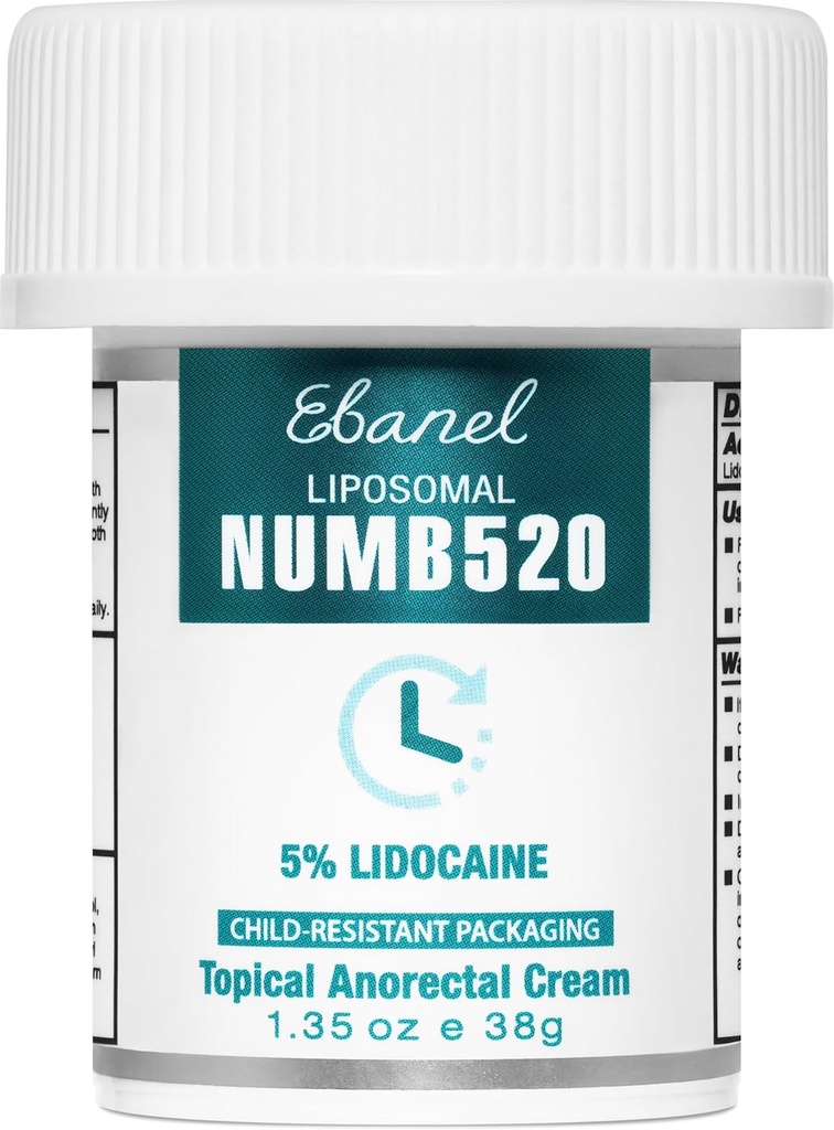 Ebanel 5% Lidocaine Numbing Cream, 疼痛救济 烧痒 Numb Cream, Allantoin 的最大强性 主题麻醉剂, 局部和厌食用维生素E, 血栓治疗, 1.35 Oz