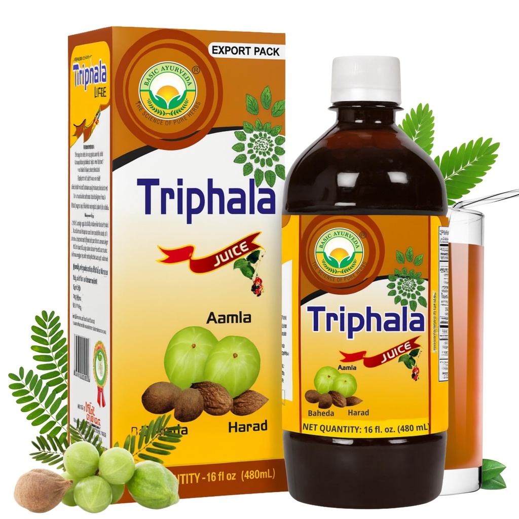 BASIC AYURVEDA Triphala Juice | 16.23 Fl Oz (480ml) | Herbal Blend of Amla, Haritaki & Bibhitaki | Natural Source of Vitamin C | Supports Digestion, Detox & Gut Health | No Added Sugar