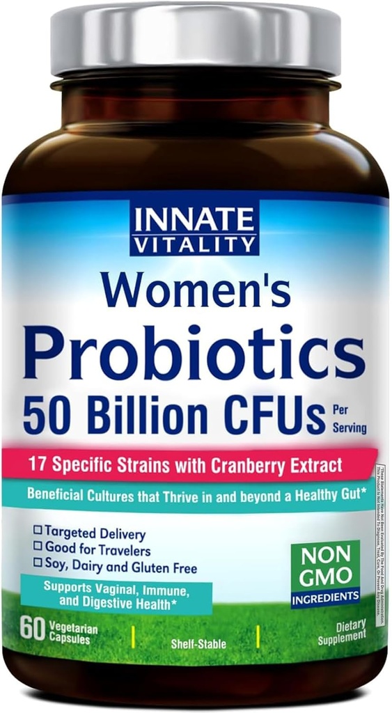 Aangeboren vitaliteit Probiotica voor vrouwen, 50 miljard CFUs, 17 Proven Strains, 60 Veggie Caps, Geformuleerd met Prebiotica en Cranberry Extract,Non-GMO, Ondersteunt Vaginale, Digestieve en Immuun Gezondheid