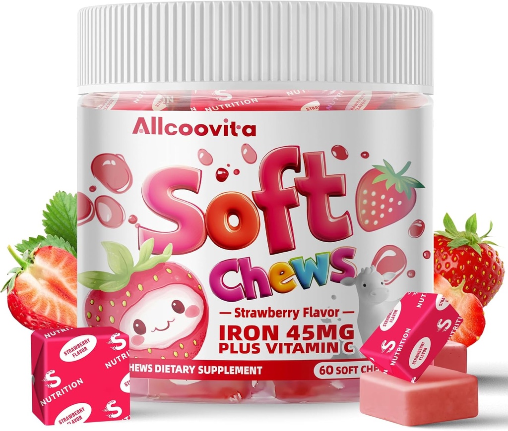 Jern Mykt Chews Supplement med vitamin C | Strawberry Flavored | Glutenfri | Jern Supplement for kvinner menn og barn | 60 greve | 2 måneds forsyning