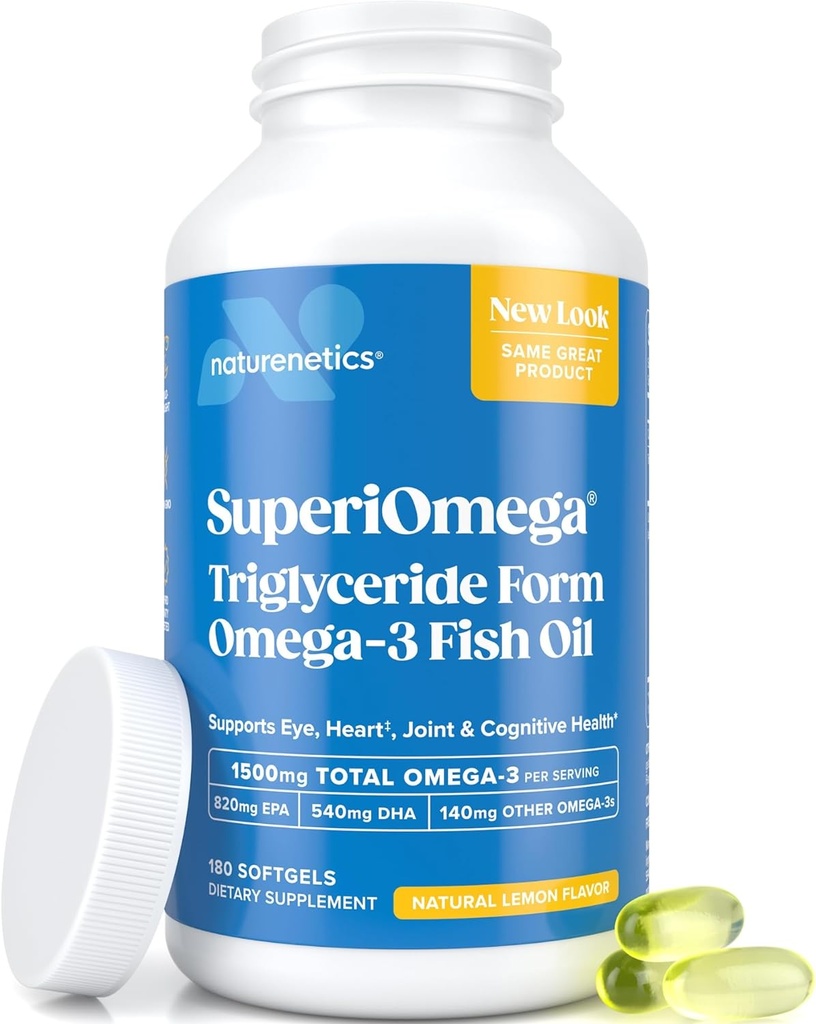 Triglyceride Omega 3 Balıq Yağı - Göz üçün High EPA & DHA, Birləşmiş, Ünvan və Brain Support - Omega-3 Fatty Acids - Limon Flavor - 180 Softgels – 90 Day Supply