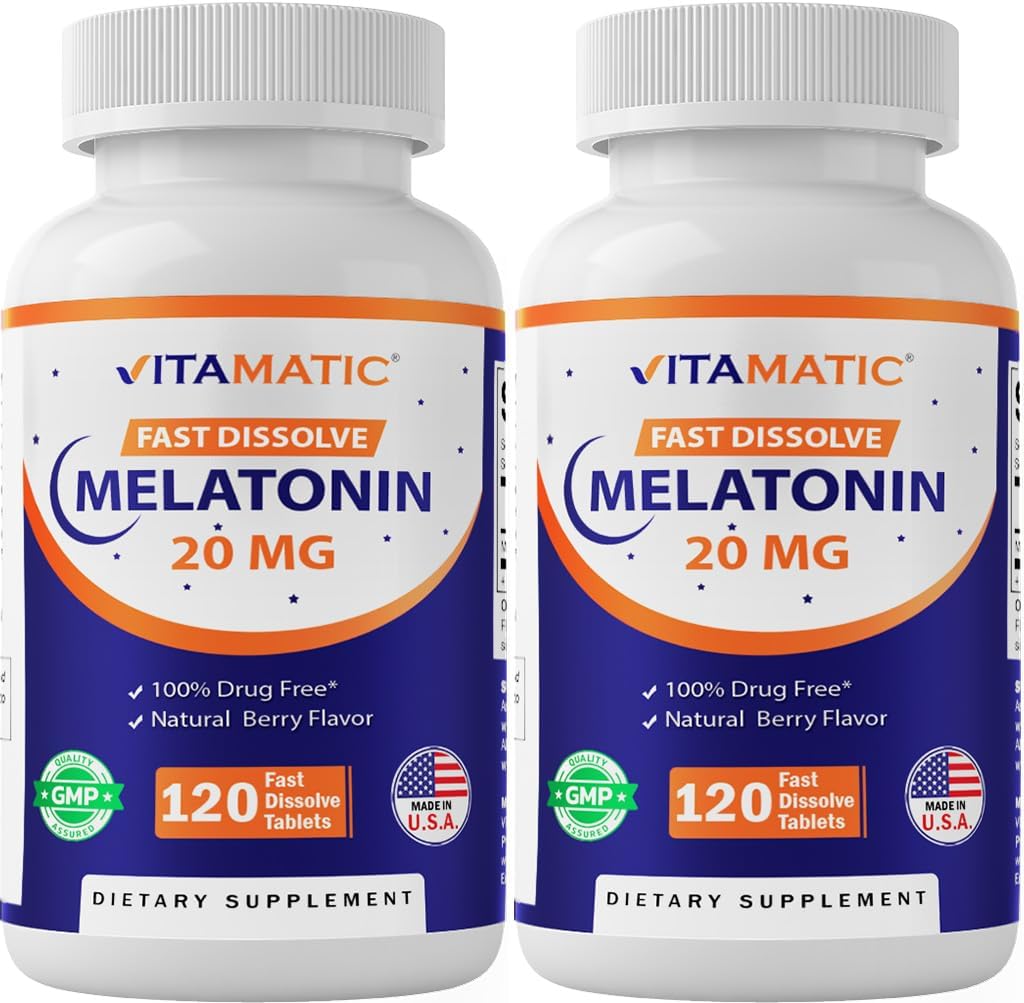 Vitamatic 2 Pack Melatonin 20 מ"ג Fast Dissolve 120 טבליות - טבעי ברי פלאמור | Vegetarian, non-GMO, Gluten Free (כולל 240 טבליות)