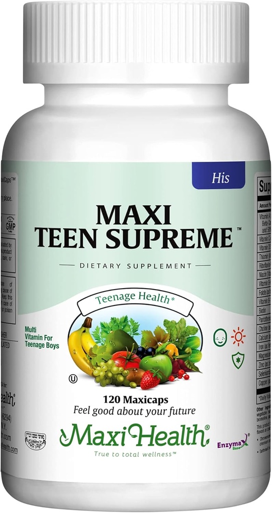 Maxi Health Multivitamin neki - Boys Vitamins for Ages 12- 17 Teen Supreme - Men 's Multivitamin for Energy, Immune Boost, Body & Brain includes D3, Iron, Calcium, Digitális Enzimek (120 gróf)