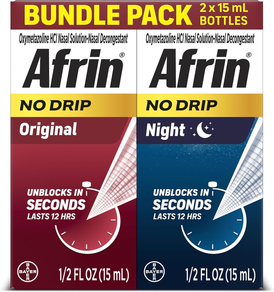 Afrin no Drip Original + Night Nasal Mist Bundle Pack, Non- Drowsy, Fast- Acting Decongestant for nosal Congestion and Sinus Pressure Relief, Dorośli i Dzieci 6 i Starsze, .5 fl oz (Opakowanie 2)