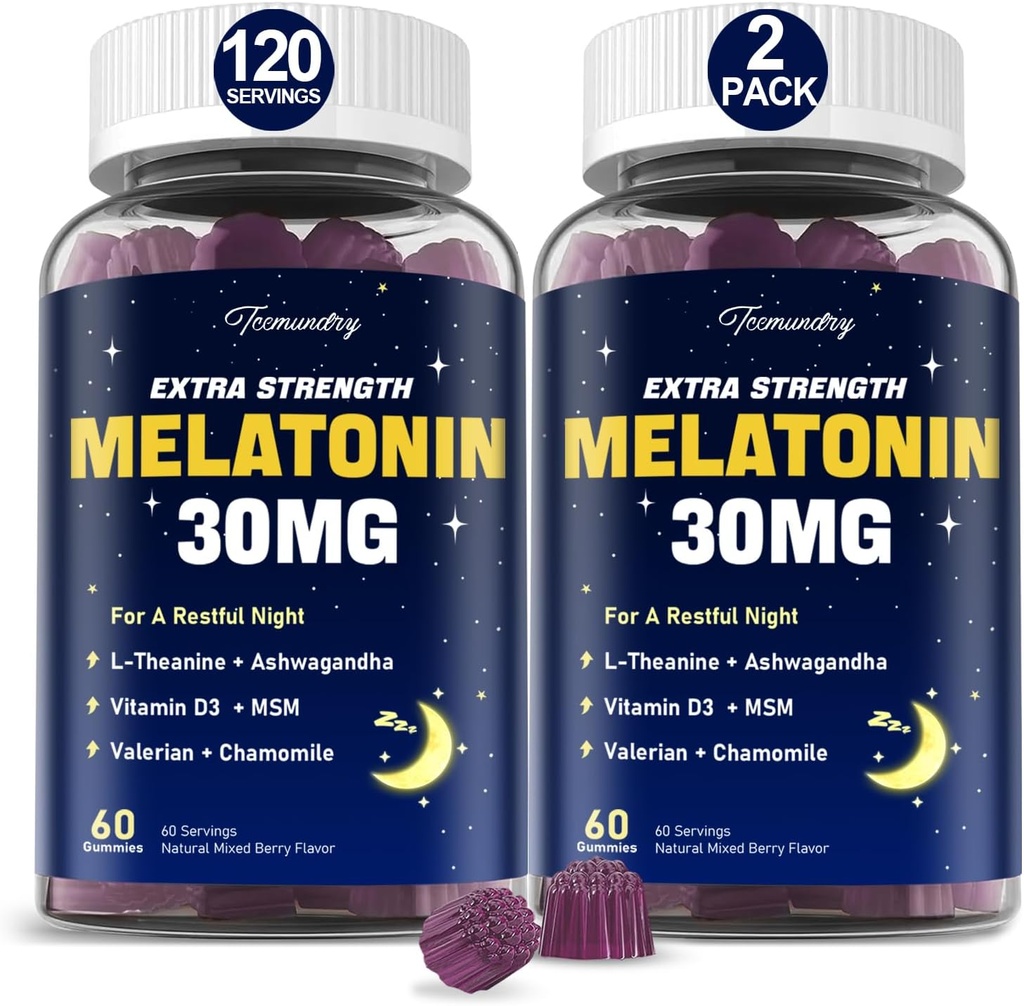 Melatoniini Gummies 30 mg aikuisille: Maximum Strength Melatonin Supplement L-Theanine, Ashwagandha, MSM, D3-vitamiini & Sinkki - Non-Habit Forming, for Rest Cycle, Deep Zzzs, Natural Mixed Berry Flavor