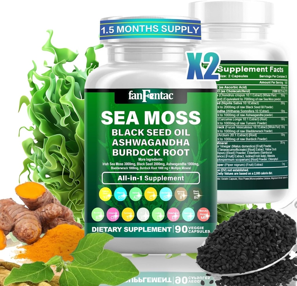 Sea Moss 7000mg - Black Seed Oil 2000mg - Ashwagandha 1000mg - Blackderwrack 1000mg - Turmeric 1000mg - Burdock 1000mg - C-vitamiini 90mg - D3-vitamiini 1000IU - Multiple Minerals 350mg - 180 kapselia