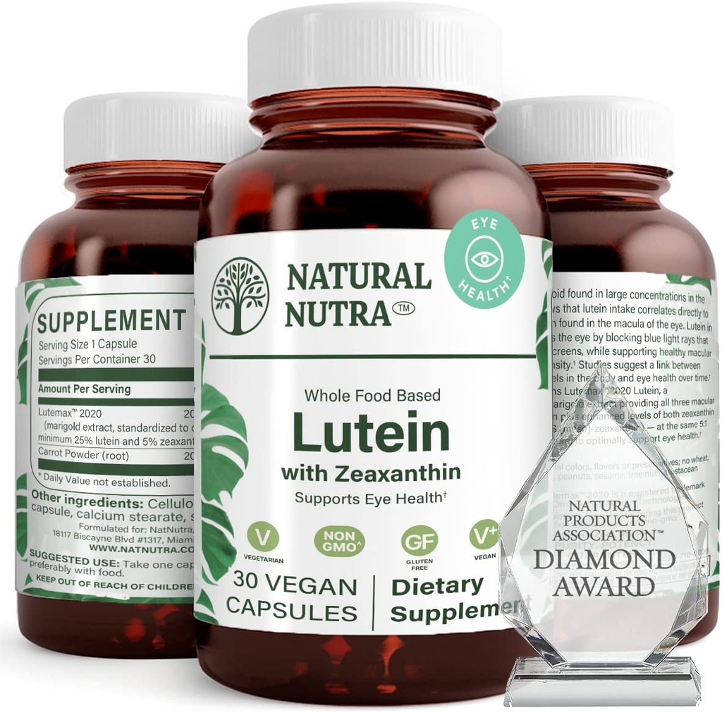 Natural Nutra Lutein e Zeaxanthin Suplemento, manter a saúde da visión, protexer a célula nos ollos, mellorar o nivel de Zeaxanthin & Isomers, apoiar a saúde dos ollos, libre de glute, 20mg - 30 cápsulas