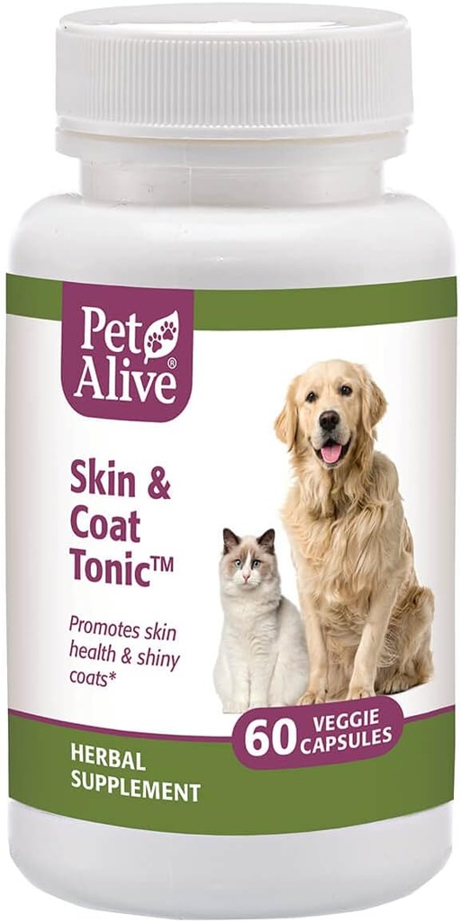 Petalive Skin and Coat Tonic - Visi natūralūs žoliniai priedai kačių ir šunų odos sveikatai ir blizgai, blizgančios pirštinės - 60 Veggie Caps