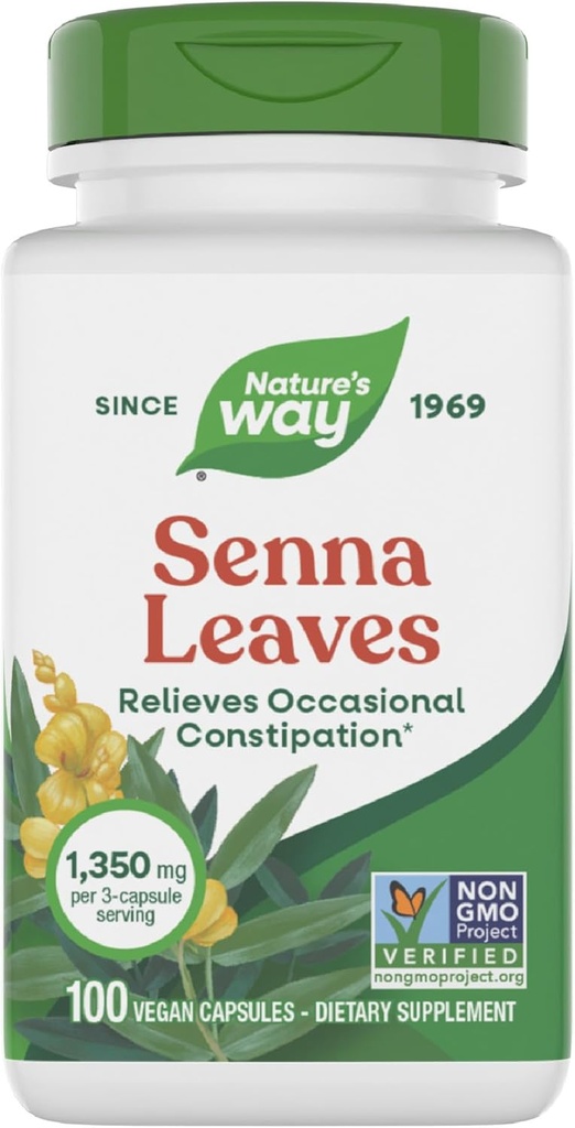 Natura's Way Senna Leaves, Relieves Ocazional Constipație*, 1,350 mg per 3-Capsule Serving, non-GMO proiect verificat, 100 capsule (Packing May Vary)