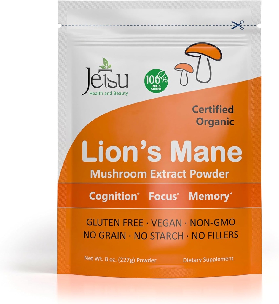 Jetsu Lions Mane Mushroom Powder, Organik, Vegan, Tambahan Ekstrak Non-GMO. Nootropic untuk mendukung Kesehatan Otak, Pembangunan Boost Neuron dan Sistem Kebal Anda untuk Kejelasan dan Fokus. (227g)