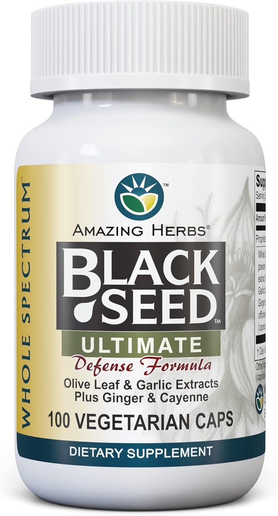 Amazing Herbs Whole Spectrum Black Seed Ultimate, Vegetarian Capsules - Olive Leaf & Garlic Extracts Plus Ginger & Cayenne, Gluten Free, Non GMO, Vegan - 100 Count