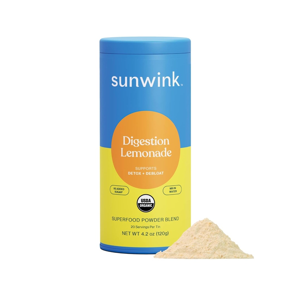 Sunwink Digestion Lemonade pulver - Økologisk Superfood pulver for Debloat & Gut Helse - Plantebasert støtte for Digestive Helse med Amla pulver, Dandelion & Chicory Root Extract, 4.2oz (20 Serveringer)