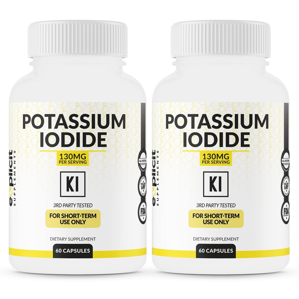 (2 Pack) Potassium Iodide Capsules 130mg Dose - 60 Servings - Thyroid Support & Defense - KI Potassium Iodine Thyroid Support Vitamins