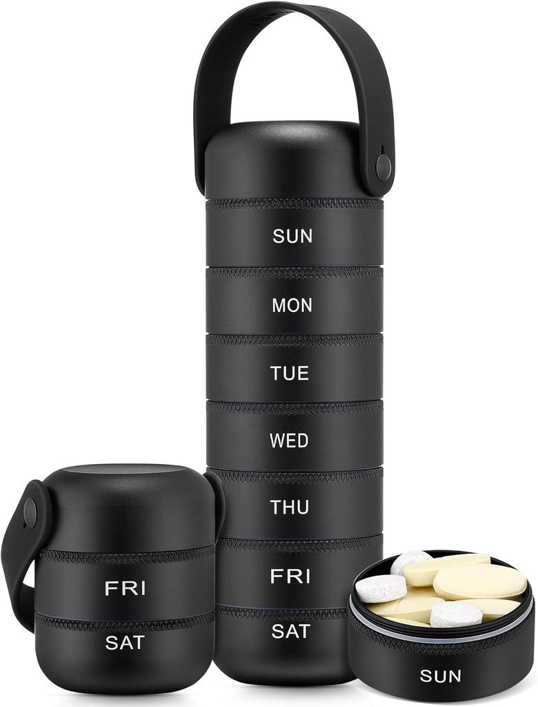 Zannaki Metal Weekly Pill Organizer, Large Travel Pill Box 7 Day, Waterproof Daily Pill Case med Silicone Handle, Aluminiumlegering Portable Pill Holder Container för vitamin, medicin, tillägg, piller