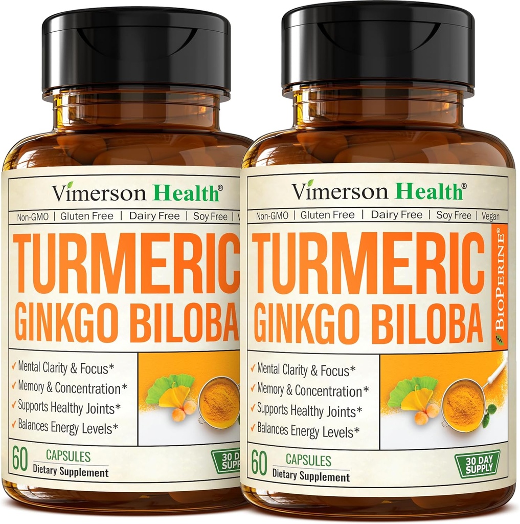 Ginkgo Biloba e curcumina curcuma curcuma curcuma supplemento w/Black Pepper & Organic Tumeric – Integratore currico naturale per messa a fuoco, memoria, Joint & Brain Health – Vegan Ginko Biloba Capsule w/Curcuma – 2 Pack