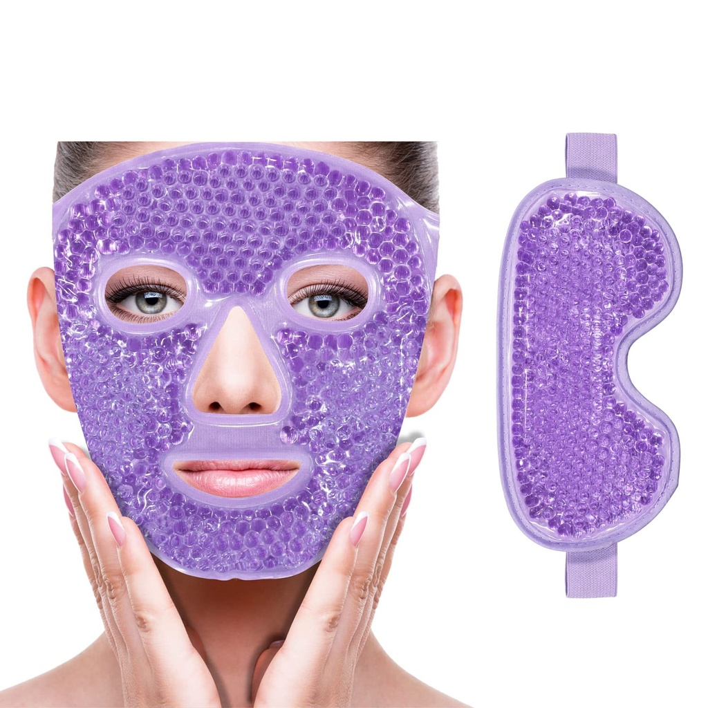 ZNÖCUETÖD Cooling Ice Face Eye Mask para reducir Puffiness, Bags Under Eyes,Sinus,Redness,Pain Relief, Dark Circles, Migraine,Hot/Cold Pack con Soft Plush Backing (Purple(1* Eye Mask+1*Face Mask))