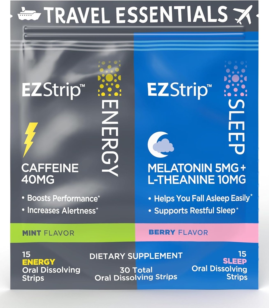 Travel Pack mit Energy & Sleep Supplements - 30 Count - Tragbares Pack mit Koffeinstreifen für Energie und Melatonin Streifen für Schlafunterstützung während der Reise - Made in USA, Sugar & Gluten Free