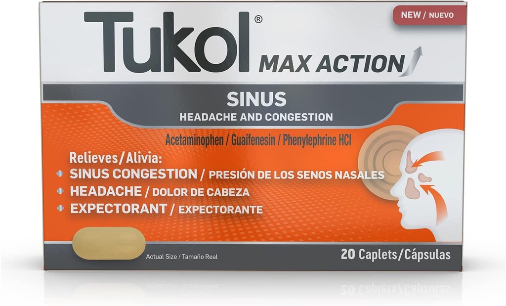 TUKOL Max Action Sinus, Communityestion & Stress Caplets for Pain, Headache Relief, Expectorant, non-Drowsy, 20 Count