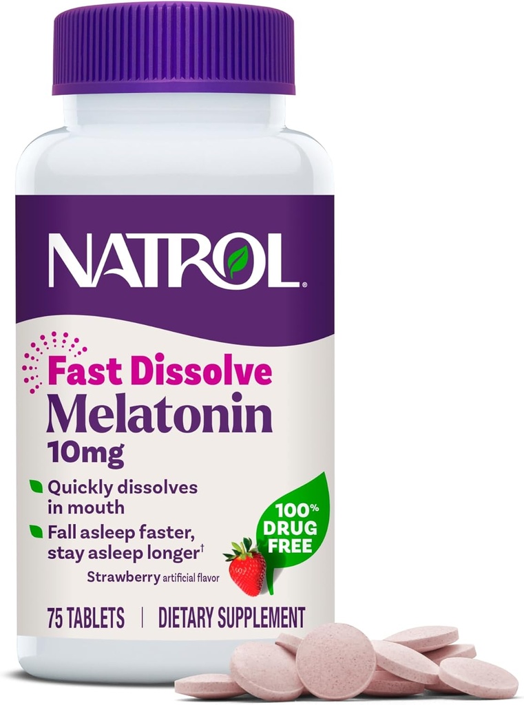 Natrol hitro raztopite Melatonin 10 mg, Melatonin dopolnila za miroljuben spanec, podpora za spanje za odrasle, 75 Jagodne tablete, do 75 dni dobave