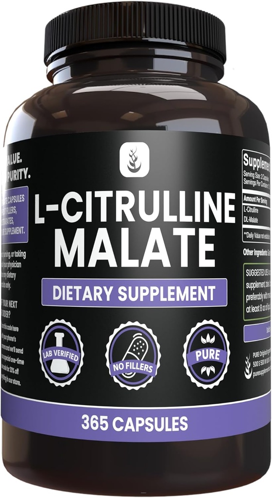 PURE ORIGINAL INGREDIENTS L-Citrulline DL-Malate 2:1 (365カプセル) マグネシウムまたはライスフィラーなし、常に純粋で、実験室は確認しました